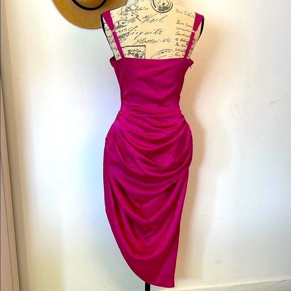Fashion Nova | Women’s Magenta Asymmetrical Ruched Dress Size Large - Picture 9 of 16